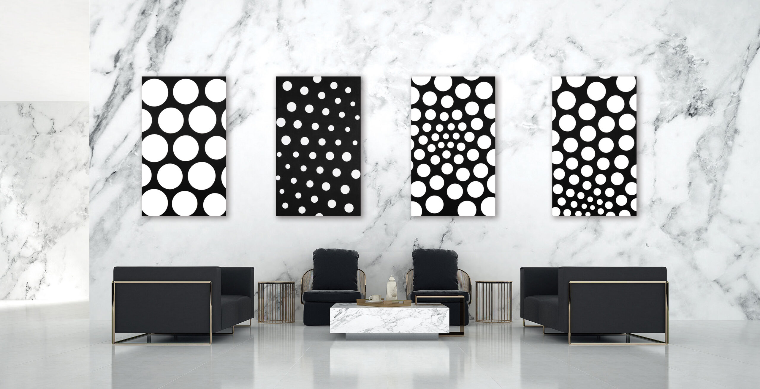 Four black-and-white dot paintings by John Hopkins hanging on a marble wall above a modern lounge.